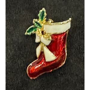 Vintage Red Christmas Stocking Brooch Enamel Holly Bow Gold-Tone Pin 1.5” CP97
